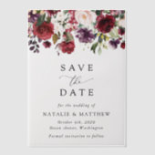 バーガンディの花、ピンクの花、緑結婚、 ベラム紙招待状 (正面)