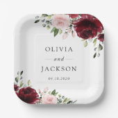 バーガンディの花、ピンクの花、緑結婚、 ペーパープレート (正面)