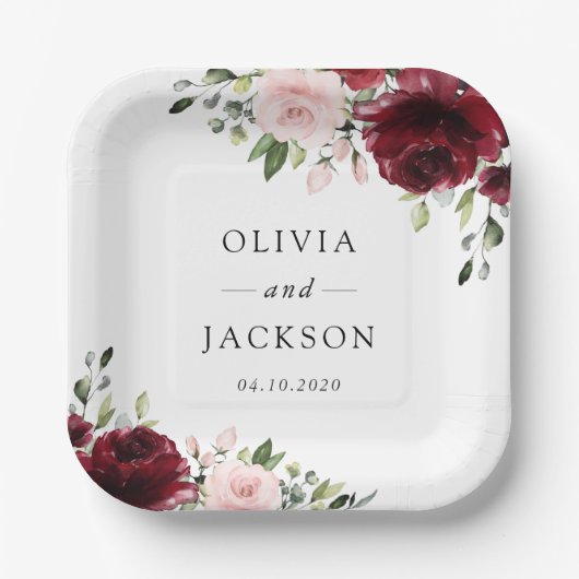 バーガンディの花、ピンクの花、緑結婚、 ペーパープレート (正面)