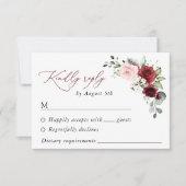 バーガンディの花、ピンクの花、緑結婚、 出欠カード (正面)