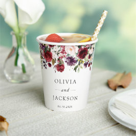 バーガンディの花、ピンクの花、緑結婚、 紙コップ