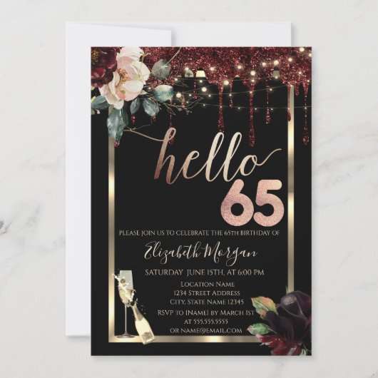 バーガンディの花、フレーム、シャンパン 65歳の誕生日 招待状 (正面)