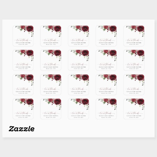 バーガンディの花、赤い花、ぼほ、赤いシャワー スクエアシール (シート)