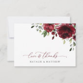 バーガンディの花、赤い花、フローラ結婚の サンキューカード (正面)