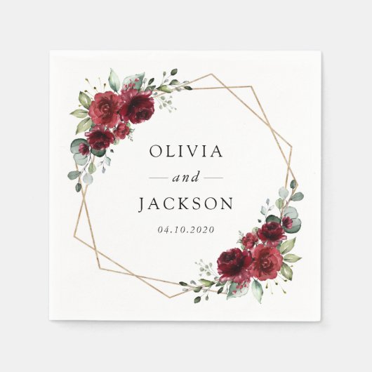 バーガンディの花、赤い花、フローラ結婚の スタンダードカクテルナプキン (正面)