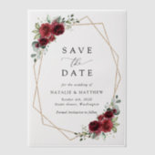 バーガンディの花、赤い花、フローラ結婚の ベラム紙招待状 (正面)