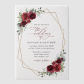 バーガンディの花、赤い花、フローラ結婚の ベラム紙招待状 (正面)