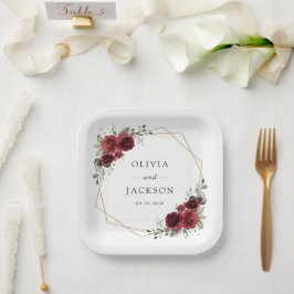 バーガンディの花、赤い花、フローラ結婚の ペーパープレート