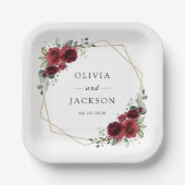 バーガンディの花、赤い花、フローラ結婚の ペーパープレート (正面)