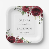 バーガンディの花、赤い花、フローラ結婚の ペーパープレート (正面)