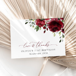 バーガンディの花、赤い花、緑、誕生日 サンキューカード