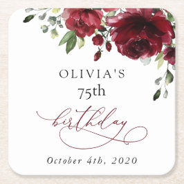 バーガンディの花、赤い花、緑、誕生日 スクエアペーパーコースター