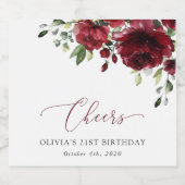 バーガンディの花、赤い花、緑、誕生日 スパークリングワインラベル (シングルラベル)