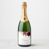 バーガンディの花、赤い花、緑、誕生日 スパークリングワインラベル (正面)