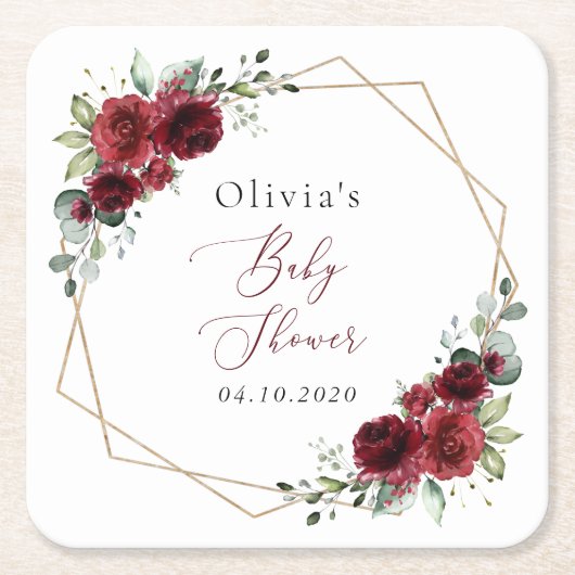 バーガンディの花、赤い花、赤いシャワー スクエアペーパーコースター (正面)