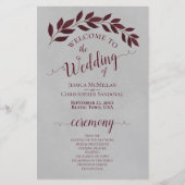 バーガンディの葉のグレーのブッジェットウェディングプログラム (正面)