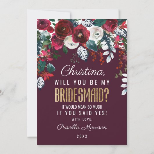 バーガンディの赤いアイボリーの生け花の新婦付添人 招待状 (正面)