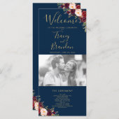 バーガンディの赤い花の濃紺の原稿の写真の結婚式 プログラム (正面/裏面)