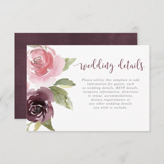 バーガンディの赤面のピンクの花の水彩画の詳細 エンクロージャーカード (正面/裏面)