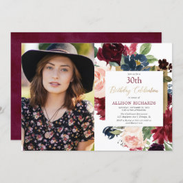 バーガンディの赤面のピンクの金ゴールドの花の誕生日の写真 招待状