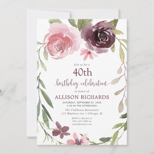 バーガンディの赤面の花柄年齢の大人の誕生会 招待状 (正面)