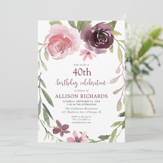 バーガンディの赤面の花柄年齢の大人の誕生会 招待状 (スタンド正面)