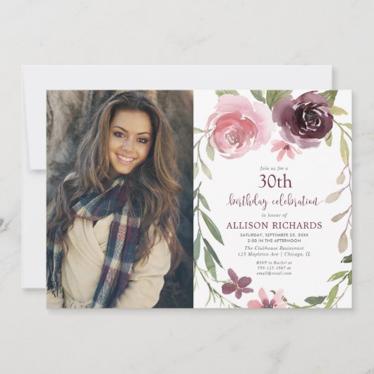 バーガンディの赤面の花柄年齢の大人の誕生日の写真 招待状 (正面)