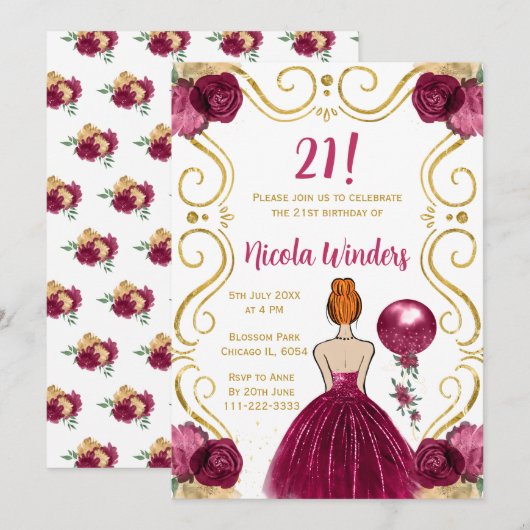 バーガンディの赤髪プリンセスの誕生日パーティー 招待状 (正面/裏面)