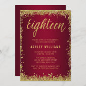 バーガンディの金ゴールドのフェイクなグリッターの第18誕生日 招待状 (正面/裏面)