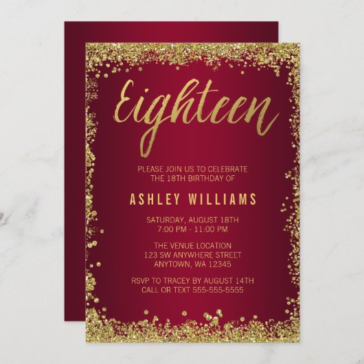 バーガンディの金ゴールドのフェイクなグリッターの第18誕生日 招待状 (正面/裏面)