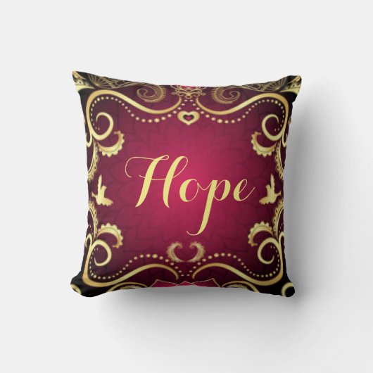 バーガンディの金ゴールドの希望パターンプリントのデザイン クッション (正面)