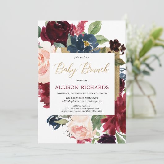 バーガンディの金ゴールドの秋の花の水彩画のベビーのブランチ 招待状 (スタンド正面)