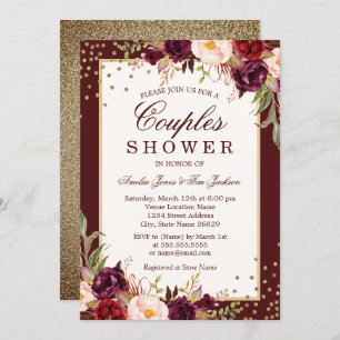 バーガンディの金ゴールドの花の輝きのカップルのシャワー 招待状