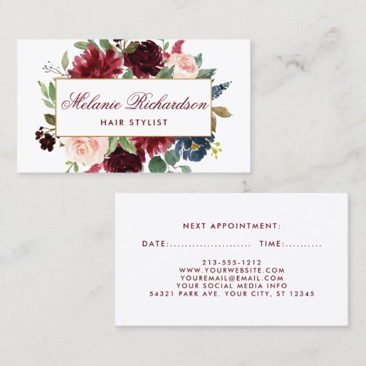 バーガンディの金ゴールドの青い美容師のアポイントメントカード 予約カード (正面/裏面)