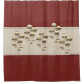 バーガンディはっきりしたリネンストライプ金ゴールドフラワーズ シャワーカーテン (正面)