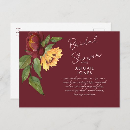 バーガンディひまわりブライダルシャワー招待 ポストカード (正面/裏面)