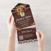 バーガンディひまわりメイソンジャール木材QRコード結婚ズ オールインワン招待状 (貼ってはがせる)