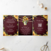 バーガンディひまわりメイソンJar QRコード結婚ズ 三つ折り招待状 (内部)