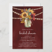 バーガンディひまわり写真QRコードブライダルシャワー 招待状 (正面)