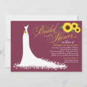 バーガンディひまわり結婚のガウンブライダルシャワー 招待状 (正面)