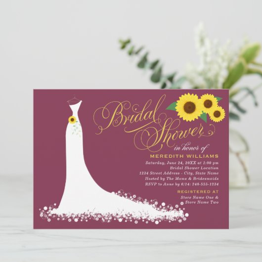 バーガンディひまわり結婚のガウンブライダルシャワー 招待状 (スタンド正面)