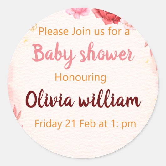 バーガンディほこりっぽいピンクの水の色の花の赤ちゃんシャワー ラウンドシール (正面)