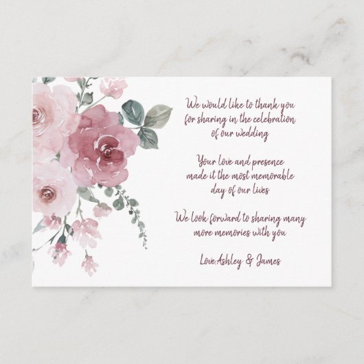 バーガンディほこりっぽいピンク結婚フローラありがとう エンクロージャーカード (正面)