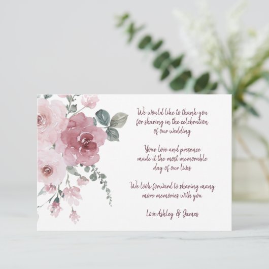 バーガンディほこりっぽいピンク結婚フローラありがとう エンクロージャーカード (スタンド正面)