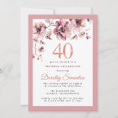 バーガンディほこりっぽい赤面ピンクフローラ40th誕生日 招待状 (正面)