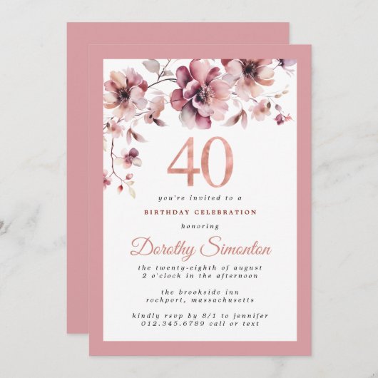 バーガンディほこりっぽい赤面ピンクフローラ40th誕生日 招待状 (正面/裏面)