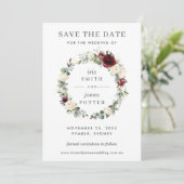 バーガンディアイボリーフローラ結婚式の日付カードを保存 招待状 (スタンド正面)