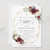 バーガンディアイボリーフローラ緑バプテスマ幾何学模様 招待状 (正面)