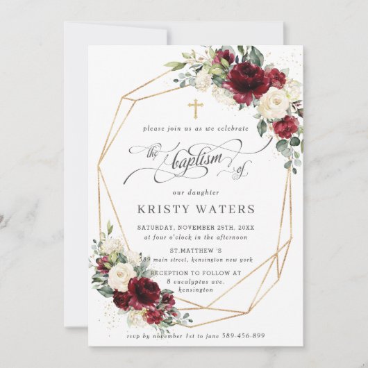 バーガンディアイボリーフローラ緑バプテスマ幾何学模様 招待状 (正面)