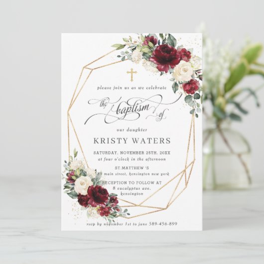 バーガンディアイボリーフローラ緑バプテスマ幾何学模様 招待状 (スタンド正面)